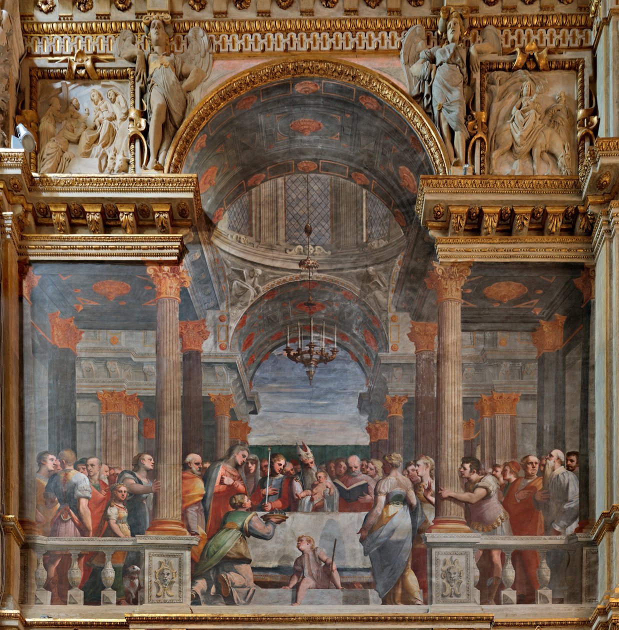 Genua, Duomo (St. Laurentius-Kathedrale), innen, Lercari-Kapelle oder Kapelle des Allerheiligsten Sakraments (nördliche Apsis), Nordseite: "Darstellung im Tempel", Fresko von Luca Cambiaso von Luca Cambiaso