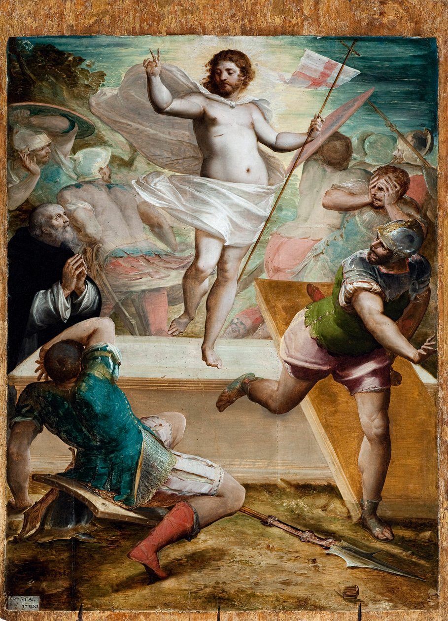 Auferstehung, Jesus hält ein Kreuzstab mit einer roten Kreuzstandarte von Luca Cambiaso