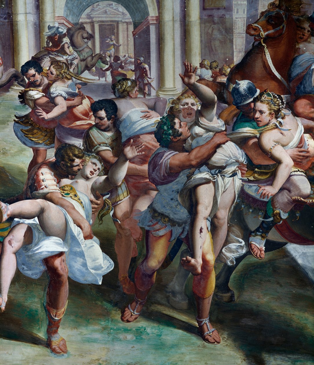 Der Raub der Sabinerinnen (16. Jahrhundert), von Luca Cambiaso (1527-1585), Fresko, Villa Imperiale, Genua, Ligurien, Italien (Detail) von Luca Cambiaso