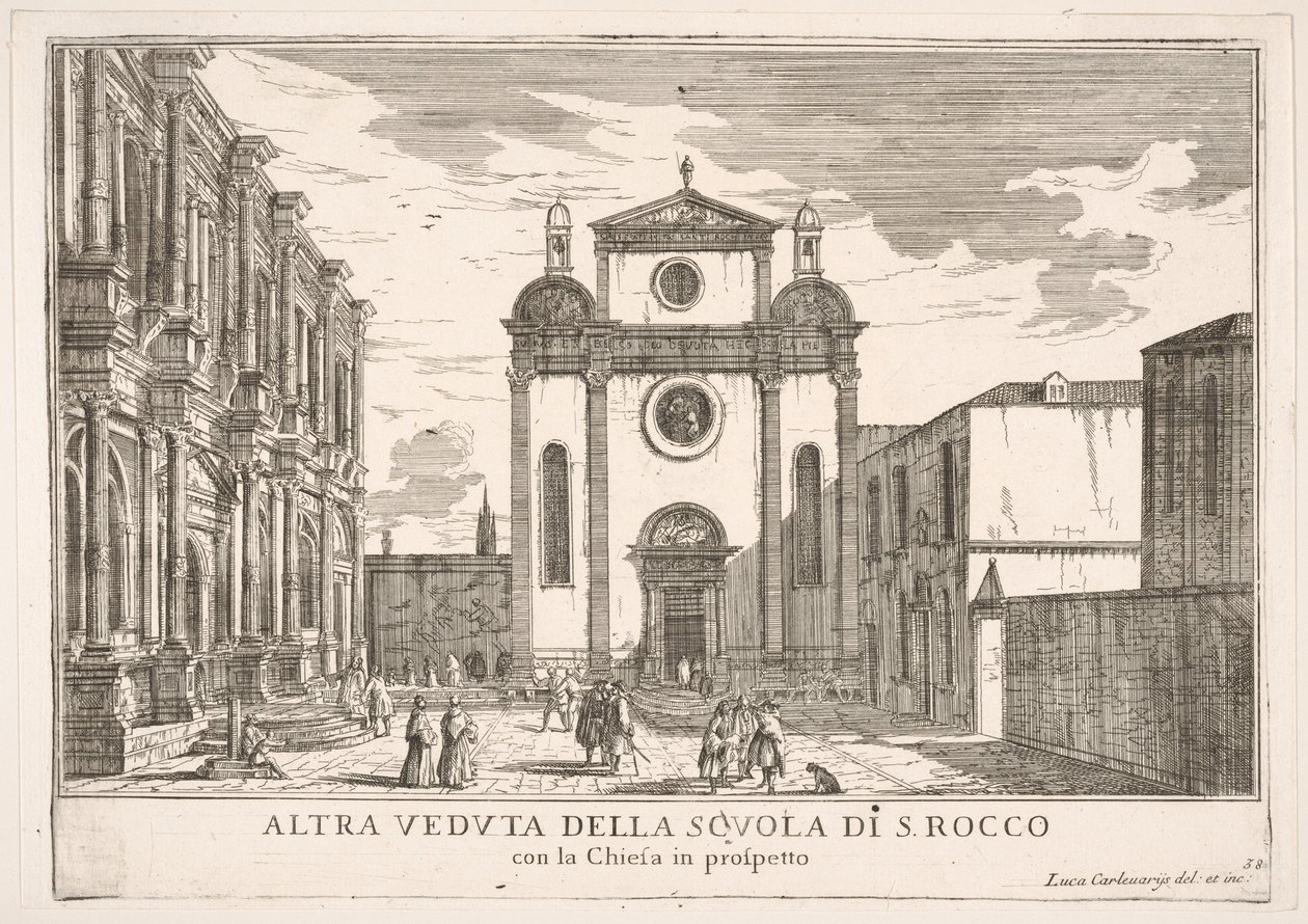 Blatt 38: Ansicht der Fassade der Kirche St. Roch und links die Fassade der Schule von Luca Carlevarijs