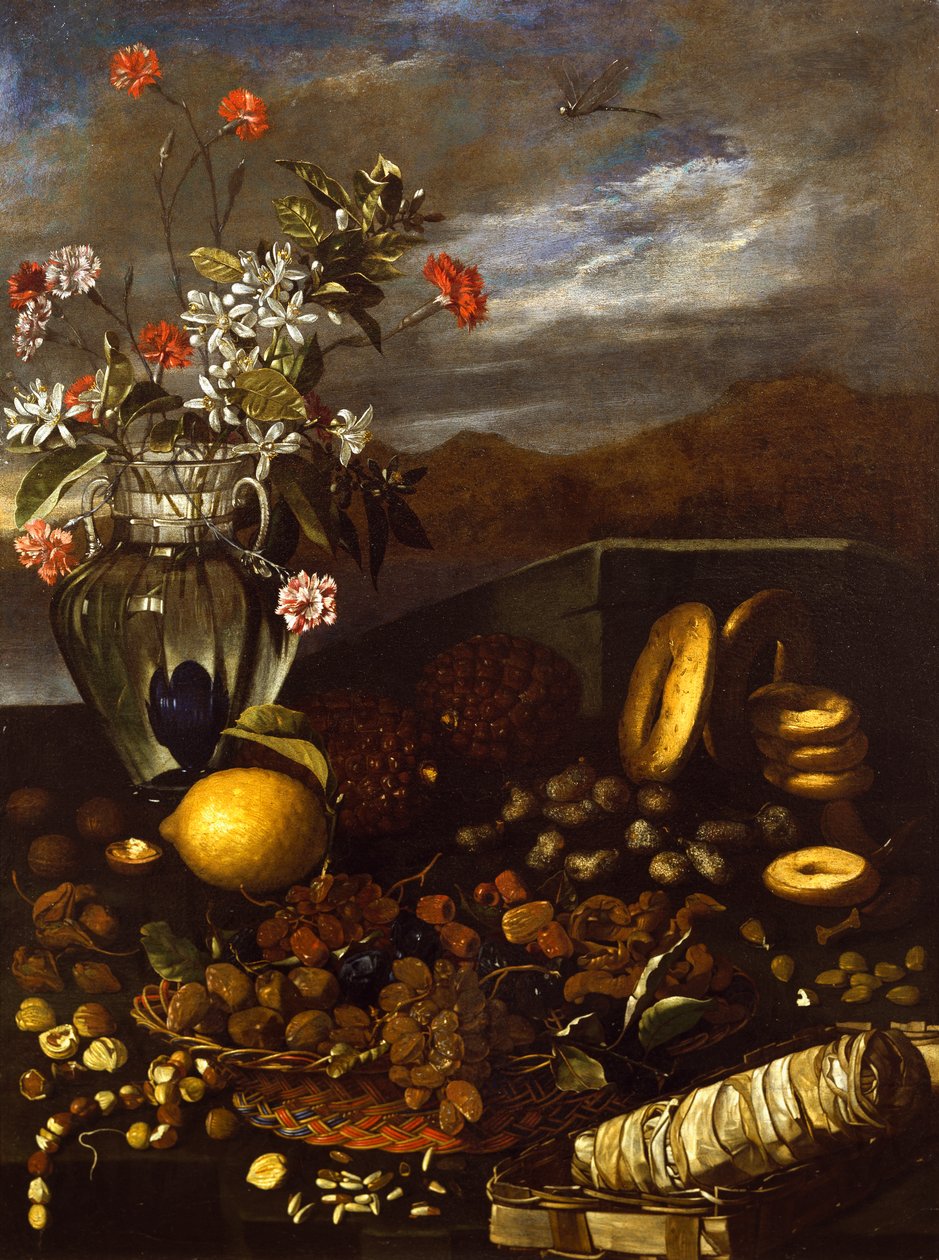 Stillleben mit Trockenfrüchten, Blumen und Landschaft, von Luca Forte (1610-1670) von Luca Forte