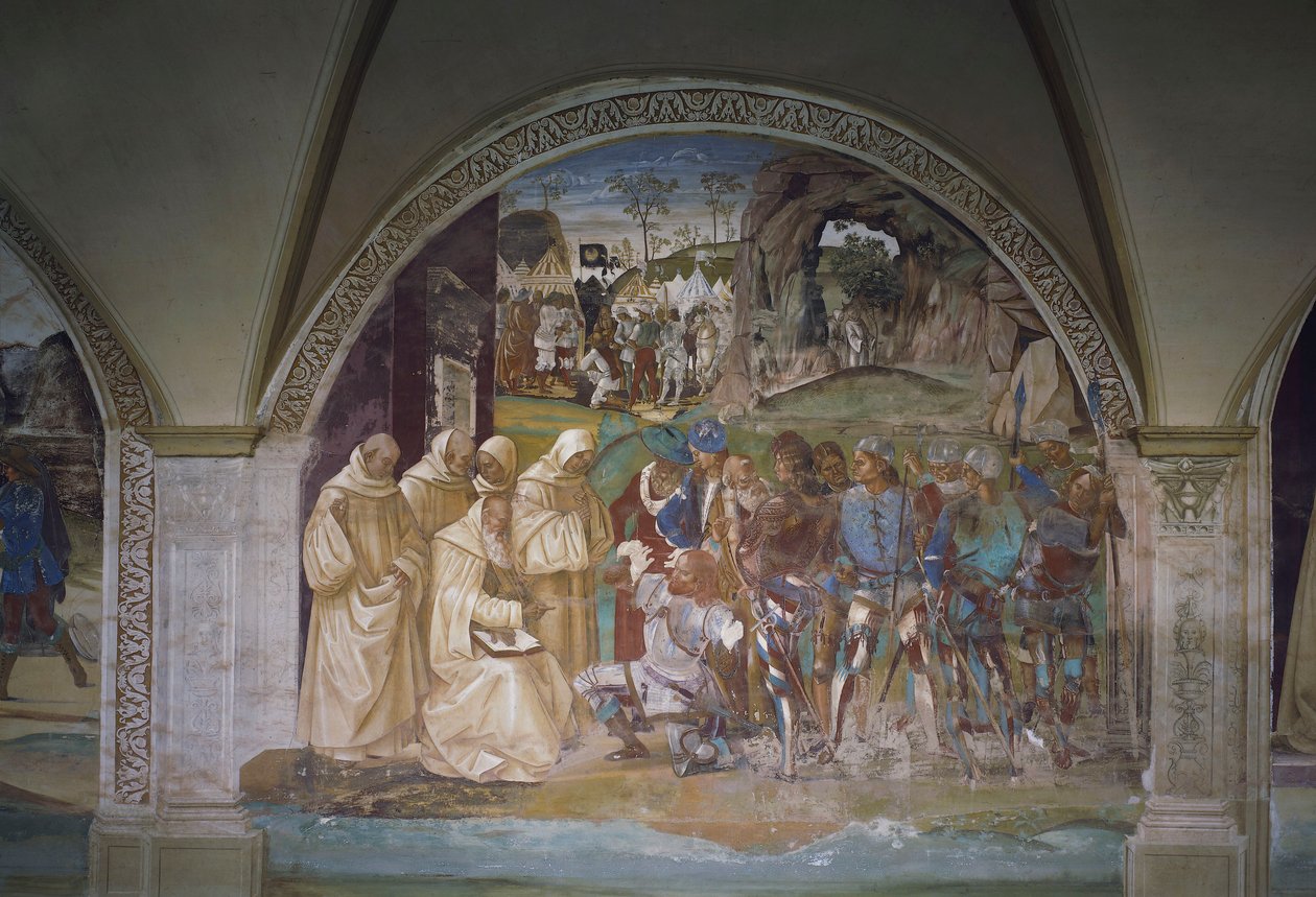Benedikt entdeckt Totilas Täuschung, Szene aus dem Leben des heiligen Benedikt von Luca Signorelli