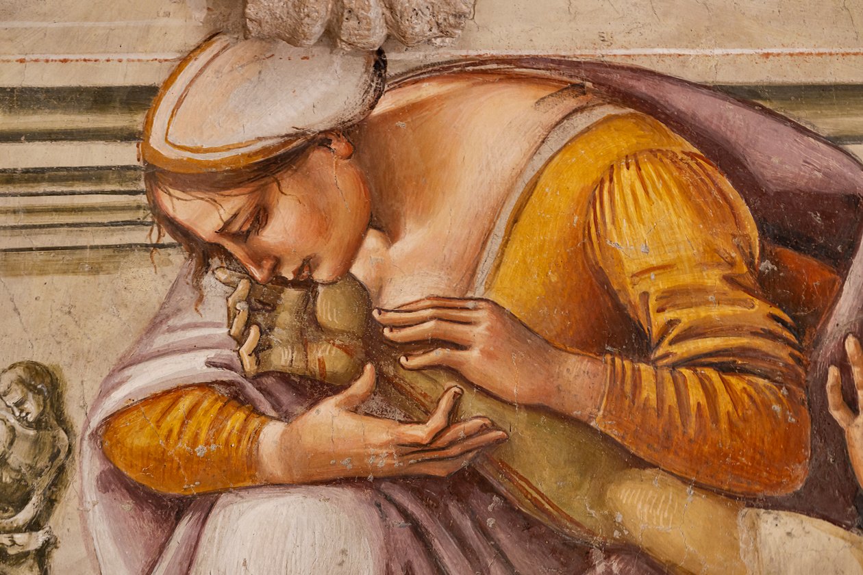 Beweinung des toten Christus zwischen den beiden Heiligen von Orvieto (S. Parenzo rechts und S. Faustino links) (Detail) von Luca Signorelli