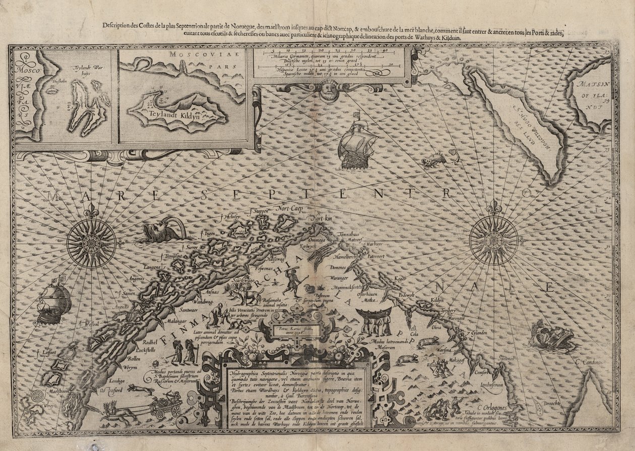 Karte Nordnorwegens mit vergrößerten Ausschnitten von Vardø und Kildin von Willem Barents von Lucas Janszoon Waghenaer