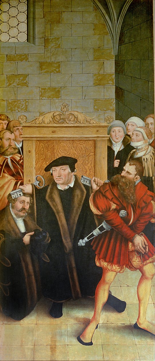 Triptychon, linkes Panel, Philipp Melanchthon führt eine Taufe durch, assistiert von Martin Luther; mittleres Panel, das letzte Abendmahl mit Luther unter den Aposteln; rechtes Panel, Luther beichtet; Luther von Lucas Cranach the Elder