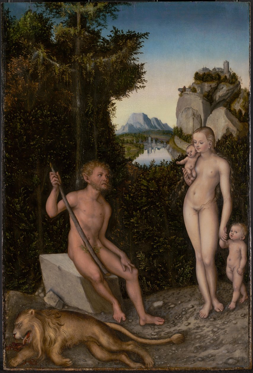Ein Faun und seine Familie mit einem erlegten Löwen von Lucas Cranach the Elder