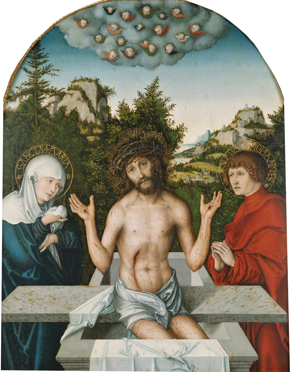 Pfirtscher Altar: Christus als Schmerzensmann, sitzend auf einem Sarkophag zwischen der Jungfrau und St. Johannes [Mittelteil] von Lucas Cranach the Elder