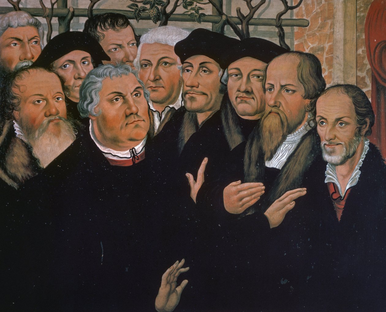 Martin Luther mit Vertretern der protestantischen Reformation, rechts Melanchthon, in der Mitte Erasmus von Rotterdam, Detail aus der Auferstehung des Lazarus von Lucas the Elder Cranach