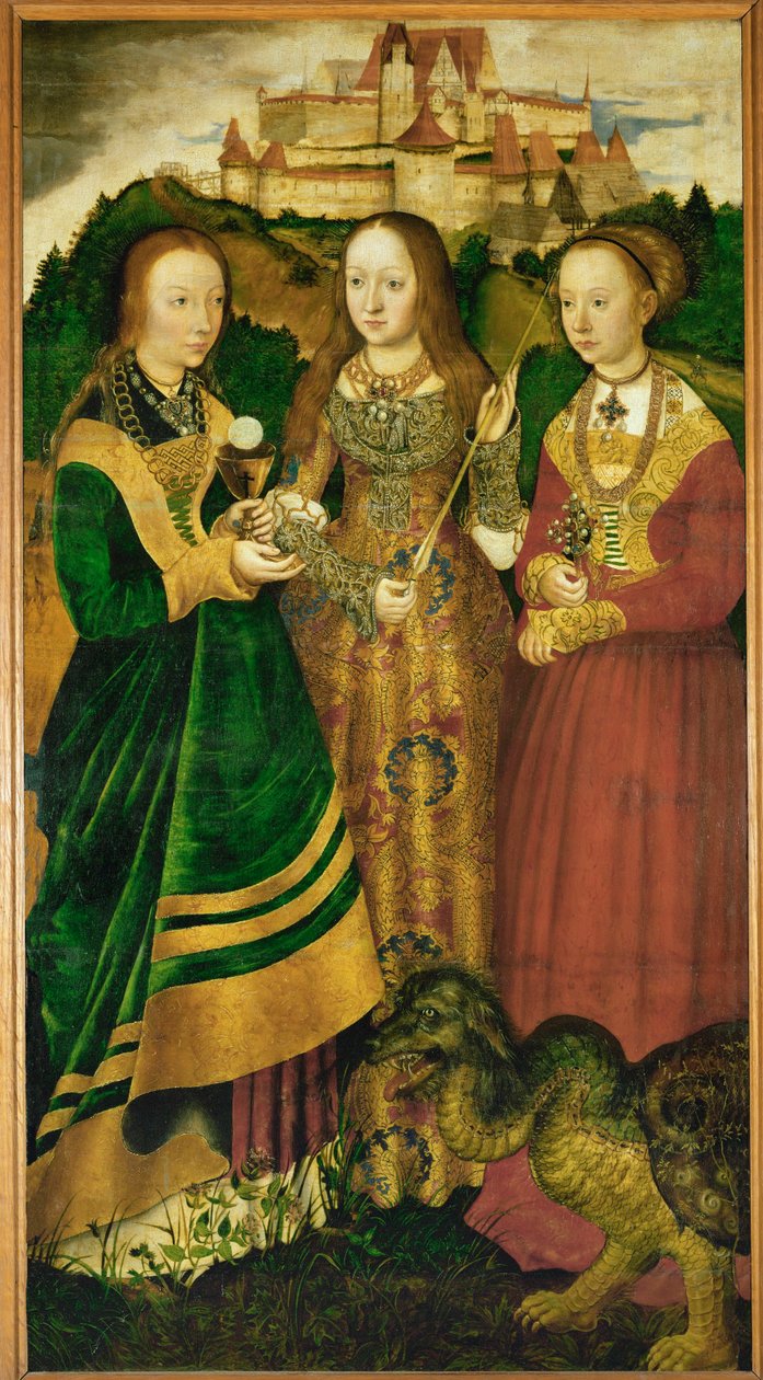 Heilige Barbara, Heilige Ursula und Heilige Margareta, Detail des Altars der Heiligen Katharina von Lucas the Elder Cranach