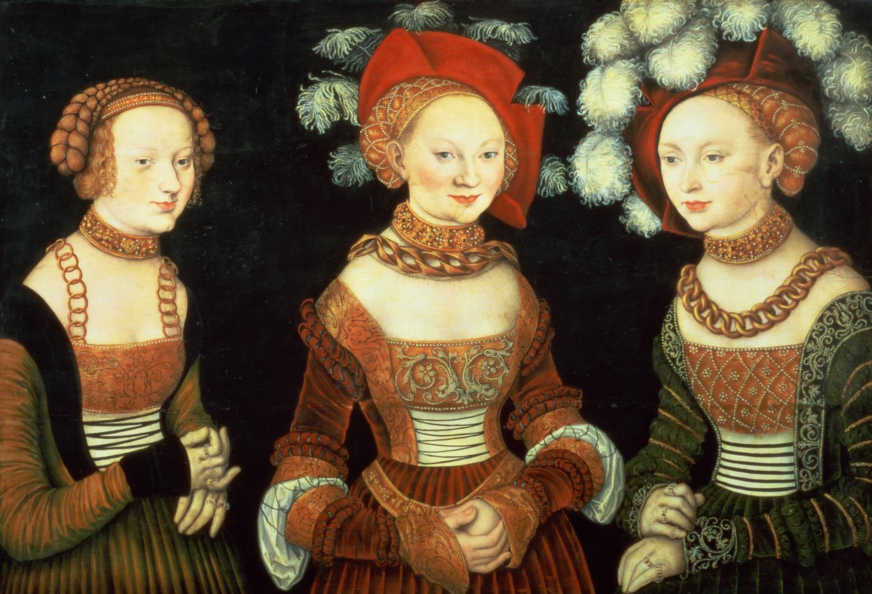 Drei Prinzessinnen von Sachsen, Sibylla (1515-92), Emilia (1516-91) und Sidonia (1518-75), Töchter von Herzog Heinrich von Frommen, c.1535 (Tafel) von Lucas the Elder Cranach