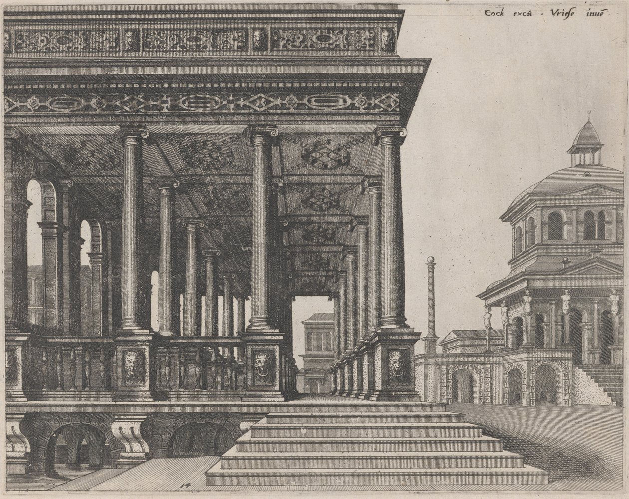 Ein Saal mit ionischen Säulen von Lucas van Doetechum and Johannes