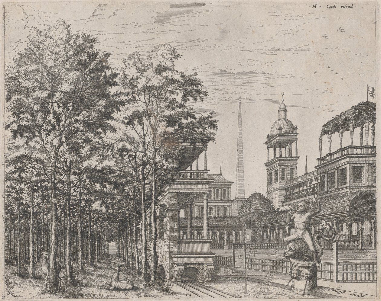 Landschaft mit Bäumen, zwei Hirschen und einem Palasthof von Lucas van Doetechum and Johannes