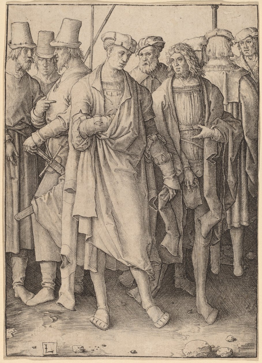 Ein junger Mann mit acht bewaffneten Männern von Lucas van Leyden