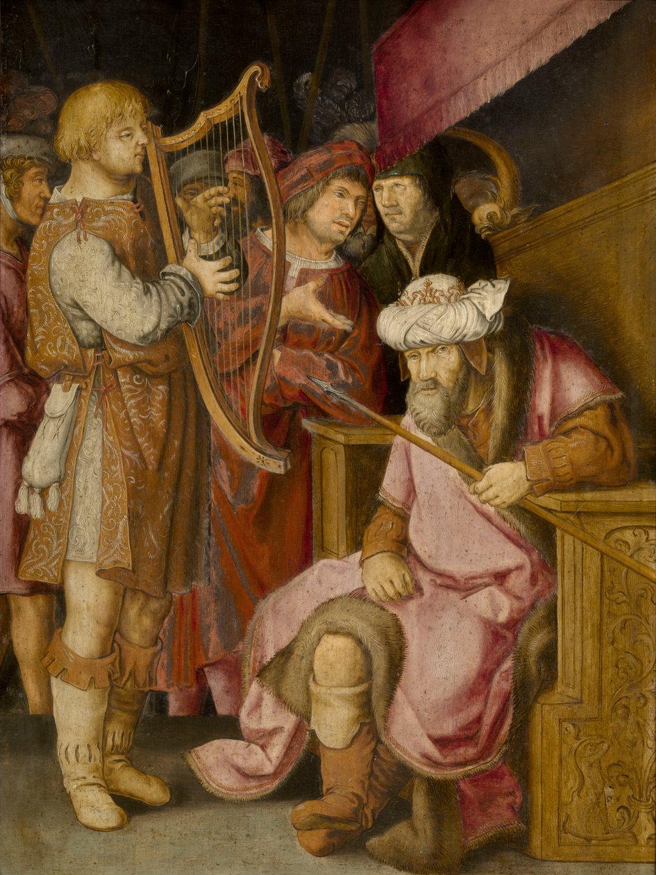 David spielt für Saul auf seiner Harfe von Lucas van Leyden
