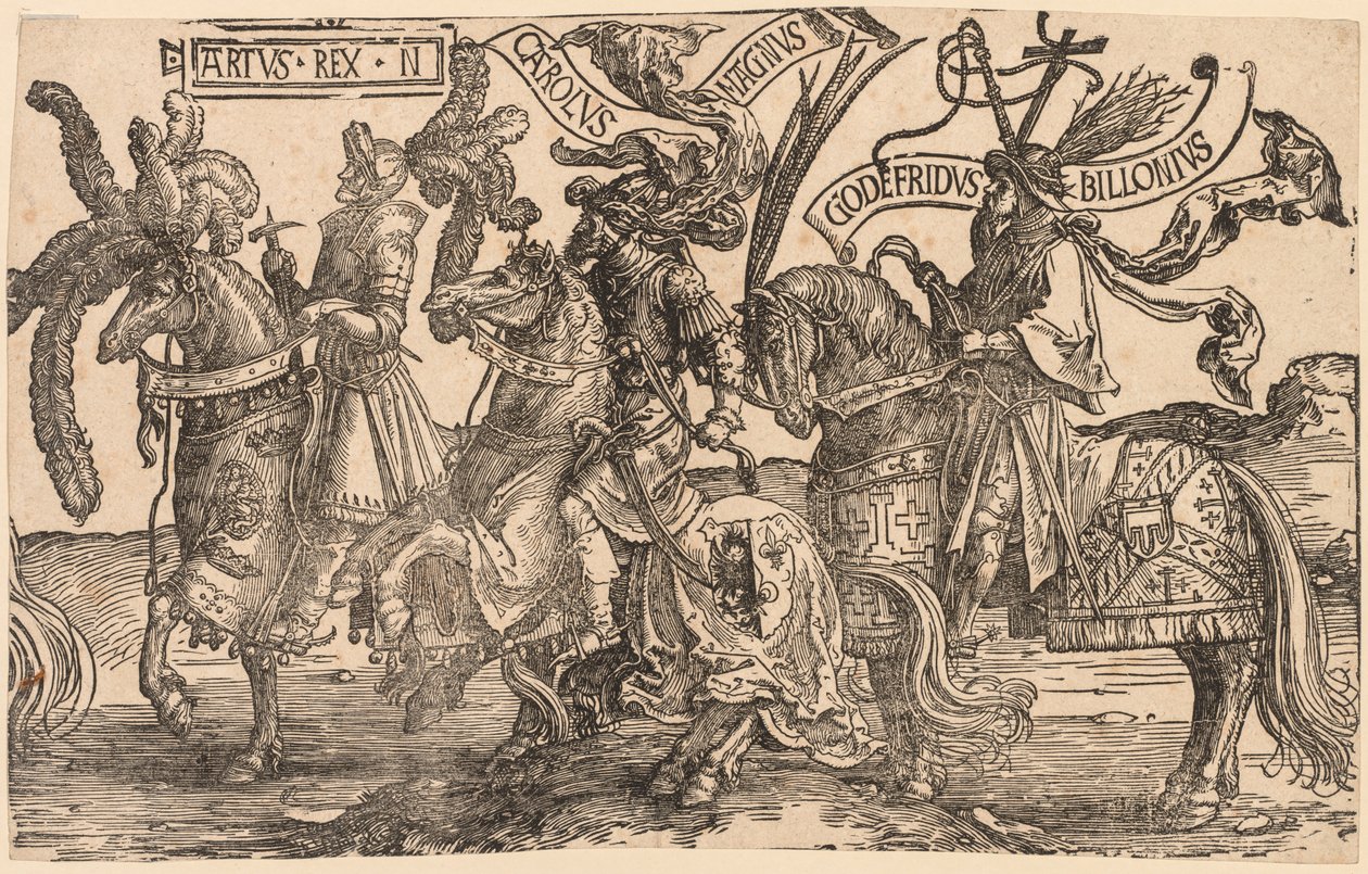 Die neun Helden: Arthur, Karl der Große, Gottfried von Bouillon, 1515-1517 von Lucas van Leyden