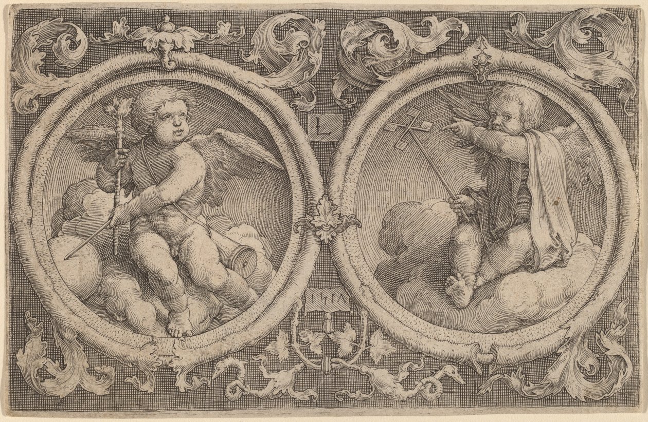Zwei Amoretten auf Wolken in zwei Kreisen sitzend von Lucas van Leyden