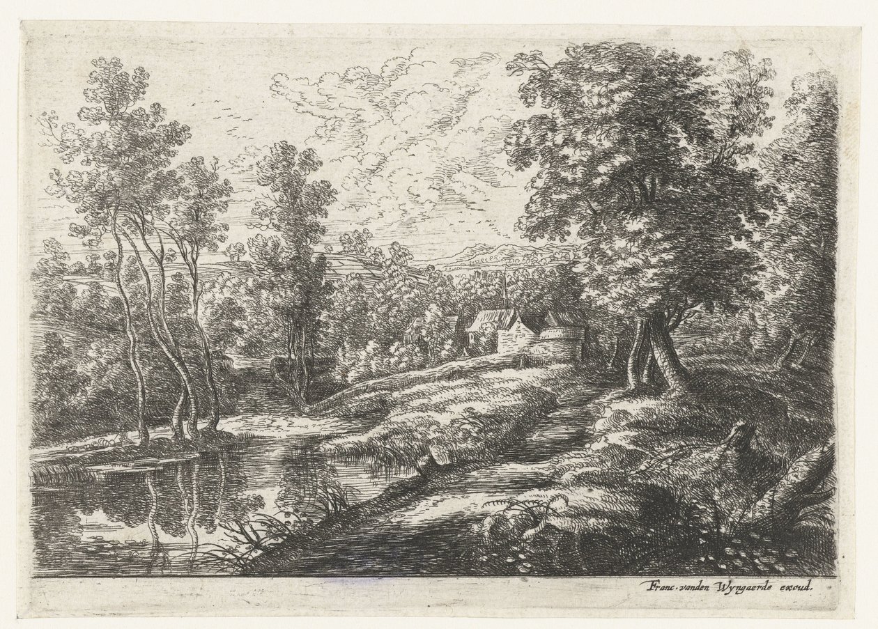 Landschaft mit Häusern und einer von einer Mauer umgebenen Kirche von Lucas van Uden