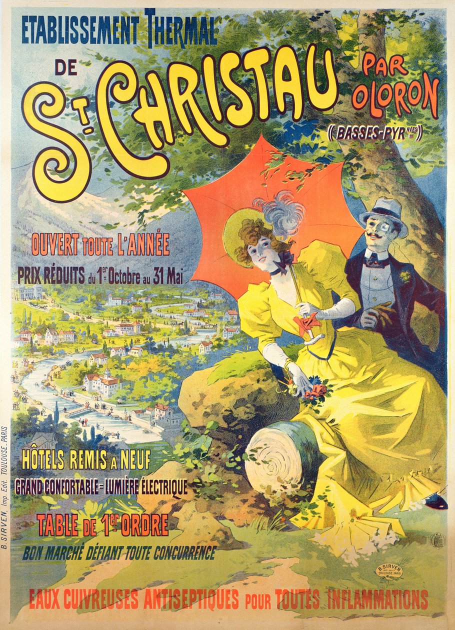 Plakat, das das Hotel von St. Christau bei Oloron bewirbt, gedruckt von B. Sirven, Toulouse-Paris, um 1900 von Lucien Baylac