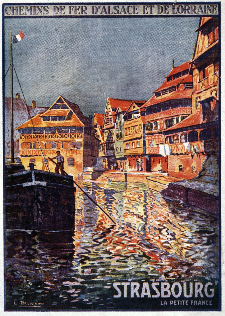 Ansicht von Straßburg mit dem Kanal von Petite France (Rhein) - Werbeplakat der Eisenbahnen von Elsass und Lothringen, Anfang des 20. Jahrhunderts von Lucien Charles Blumer