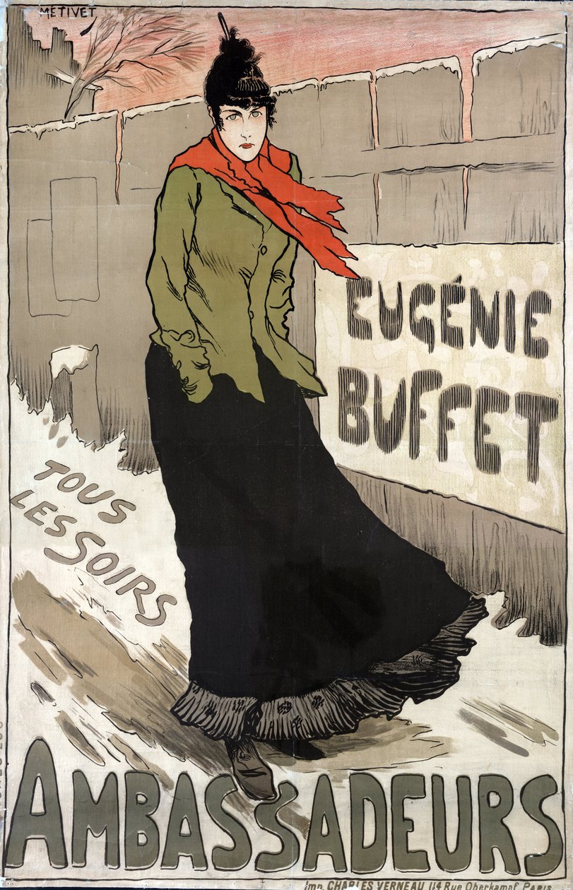 Eugenie Buffet (1866-1934), französische Volkssängerin, jeden Abend im Ambassadeur von Lucien Metivet