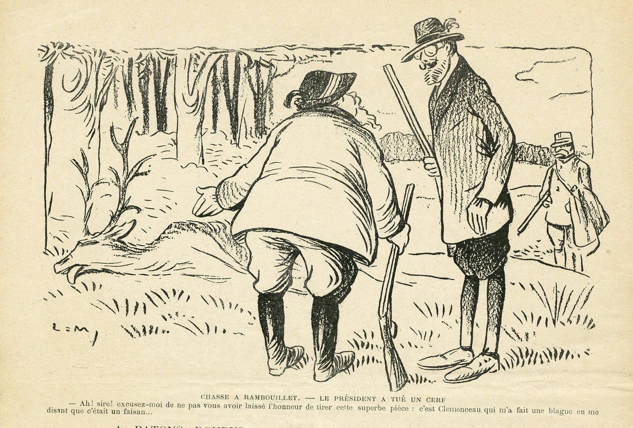 Illustration in Le Rire, 05/12/08 - Jagd in Rambouillet - Natur Vegetation, Jagd Jäger, Präsident der Republik, Rambouillet - Clemenceau Georges, Fallieres Armand (1841-1931), Hirsch von Lucien Metivet
