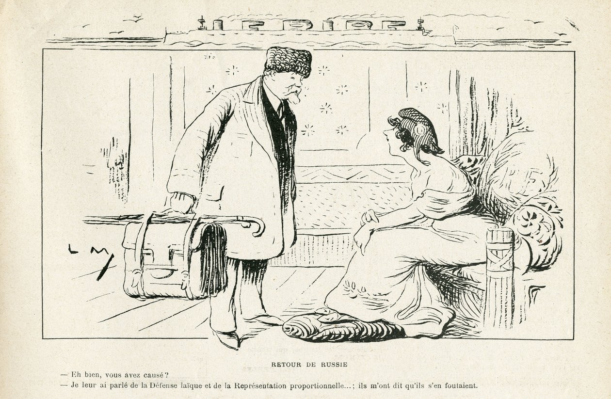 Illustration in Le Rire, 24/08/12 - Rückkehr aus Russland - Antiklerikalismus, Russland, Präsident der Republik, Hüte, offizieller Besuch - Marianne, Poincare Raymond (Gravur) von Lucien Metivet