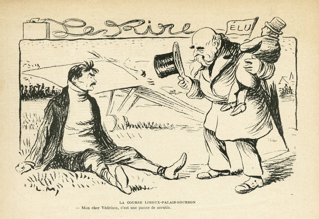 Illustration in Le Rire, 30/03/12 - Das Limoux-Palais-Bourbon-Rennen - Wahlen, Luftfahrt - Vedrines Jules (1881-1919) (Gravur) von Lucien Metivet