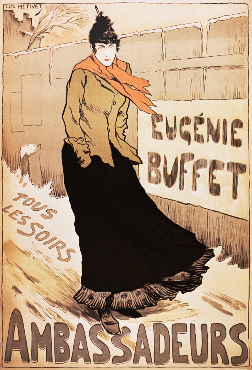 Vintage-Plakat der französischen Sängerin Eugenie Buffet im Schnee von Lucien Metivet