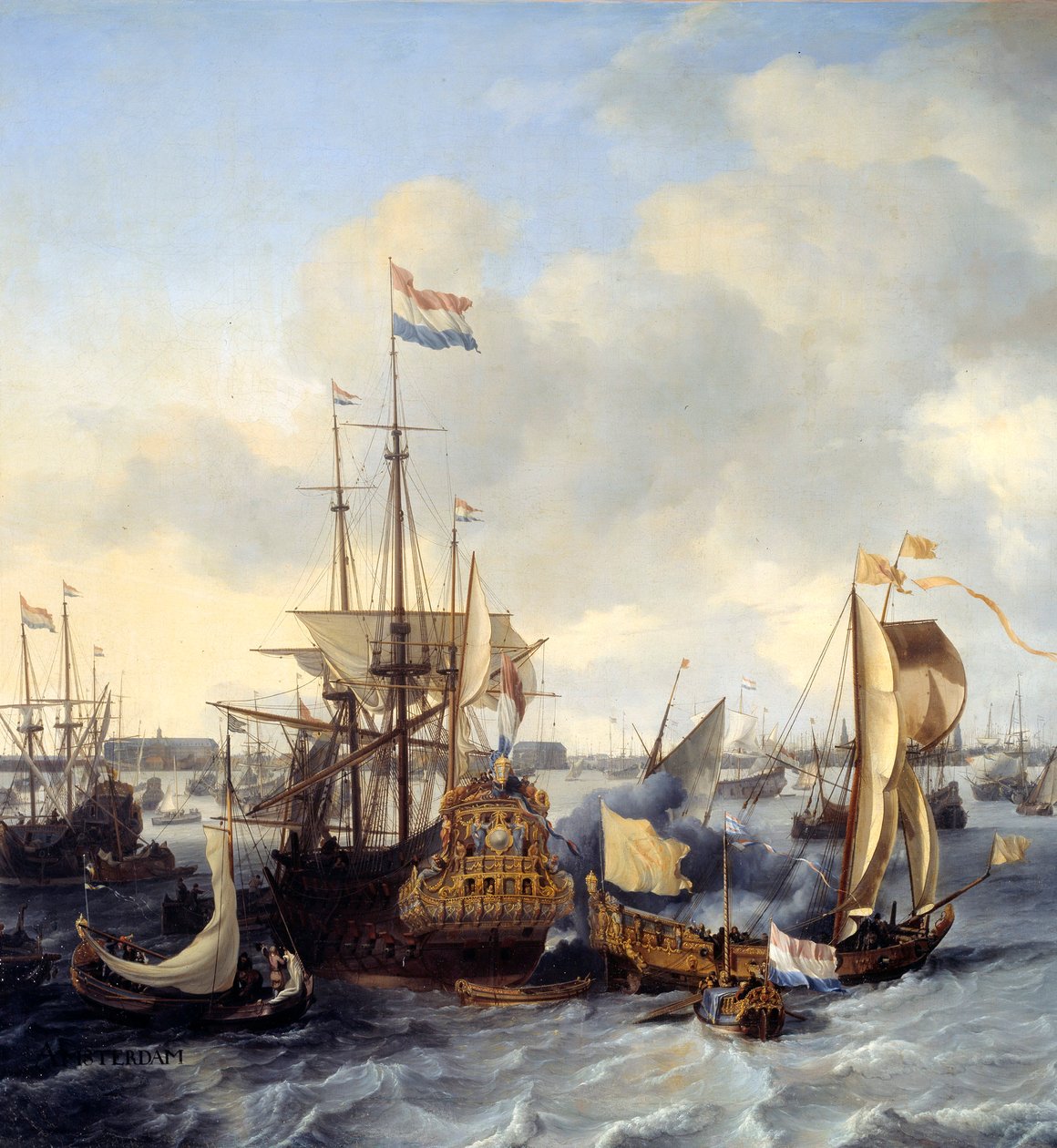 Blick auf den Hafen von Amsterdam vom Ij (Detail) von Ludolf I Backhuysen