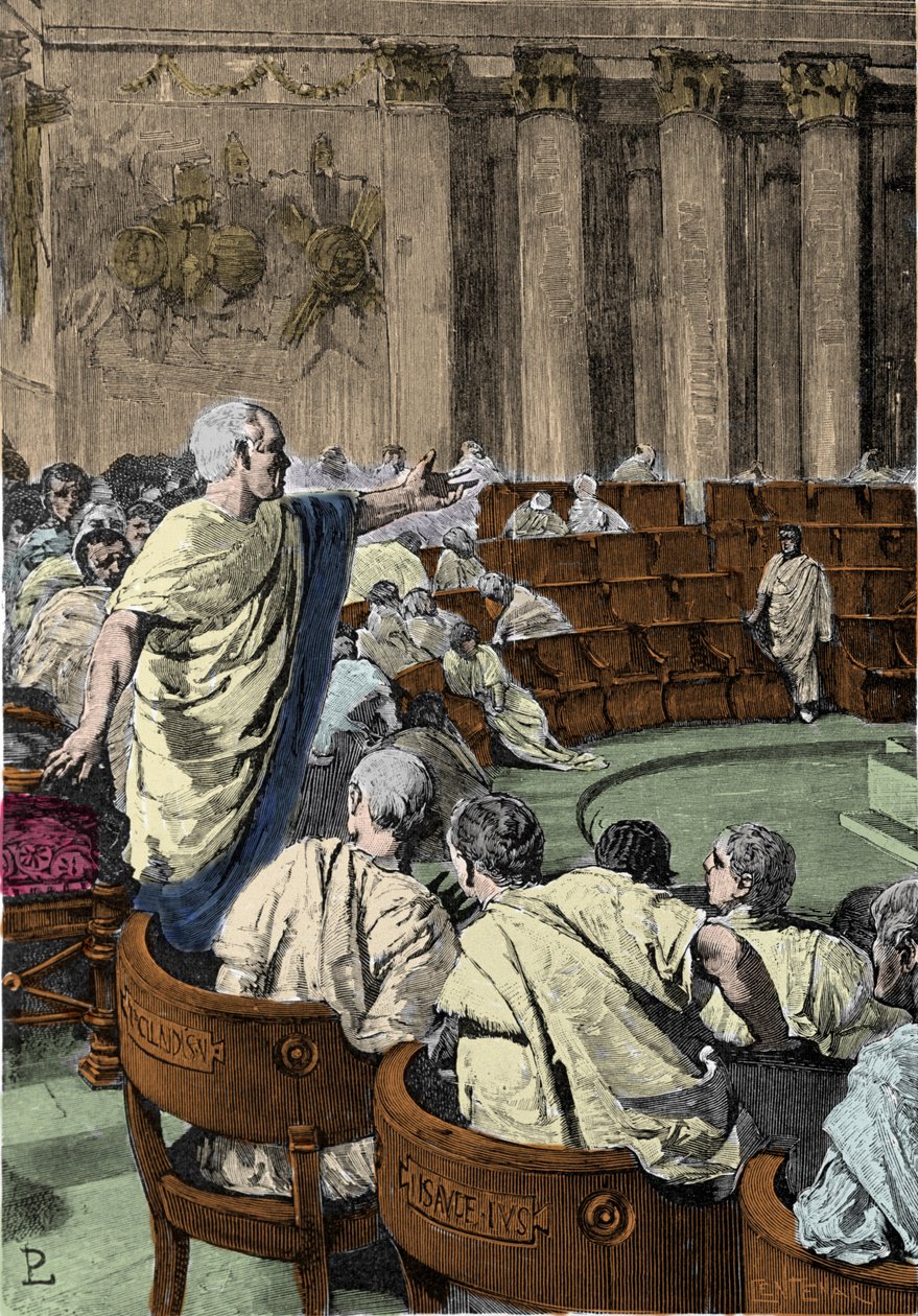 Cicero denunziert den Verschwörer Catilina am 7. November 63 v. Chr. im Senat von Rom, Illustration von Pogliaghi von Ludovico Pogliaghi