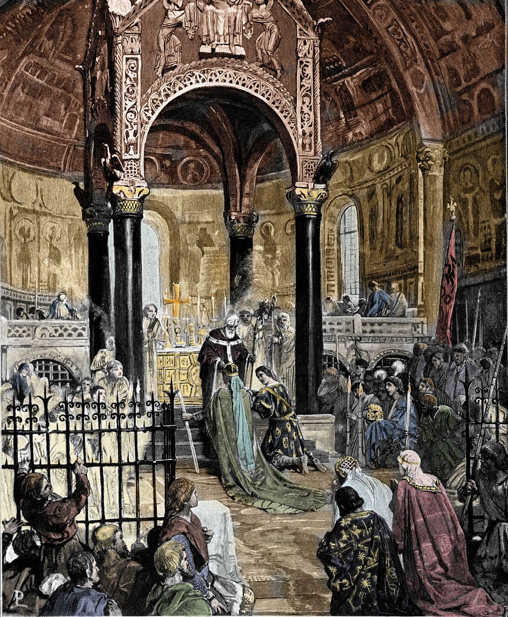 Hochzeit von Heinrich VI. mit Prinzessin Normandie Constance von Hauteville in der Basilika von St. Ambrose in Mailand im Jahr 1186. Illustration von Pogliaghi von Ludovico Pogliaghi