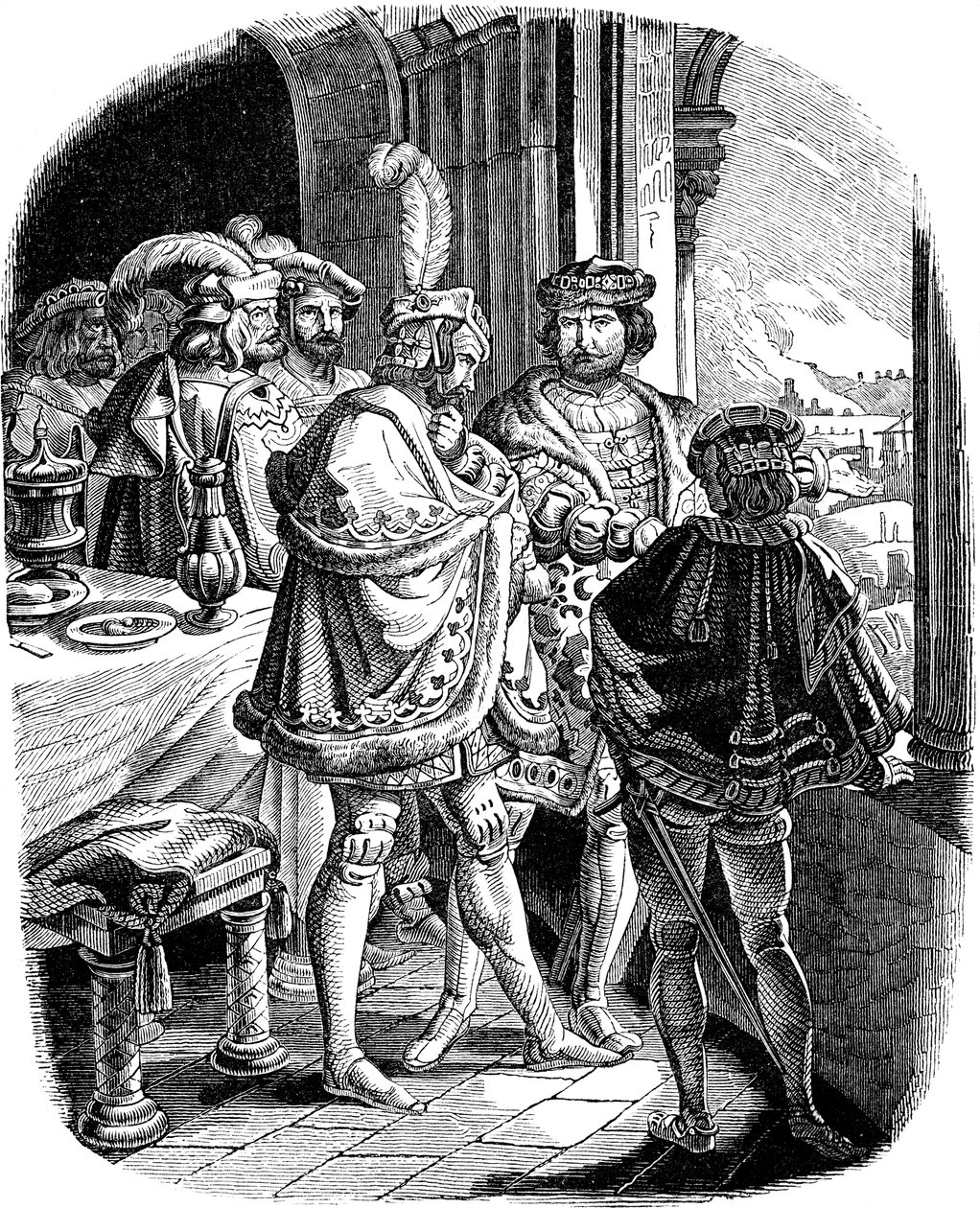 Mahlzeit von Friedrich I. im Heidelberger Schloss 1462 Illustration aus der Geschichte des deutschen Volkes von E. Duller, 1840 von Ludwig Adrian Richter