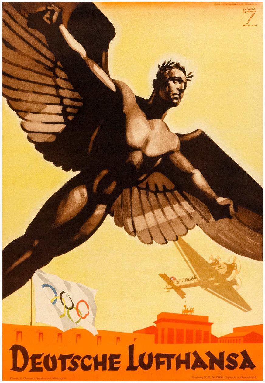 Deutsche Lufthansa, Plakat für die deutschen Fluglinien zur Förderung der Olympischen Spiele 1936 im nationalsozialistischen Deutschland von Ludwig Hohlwein
