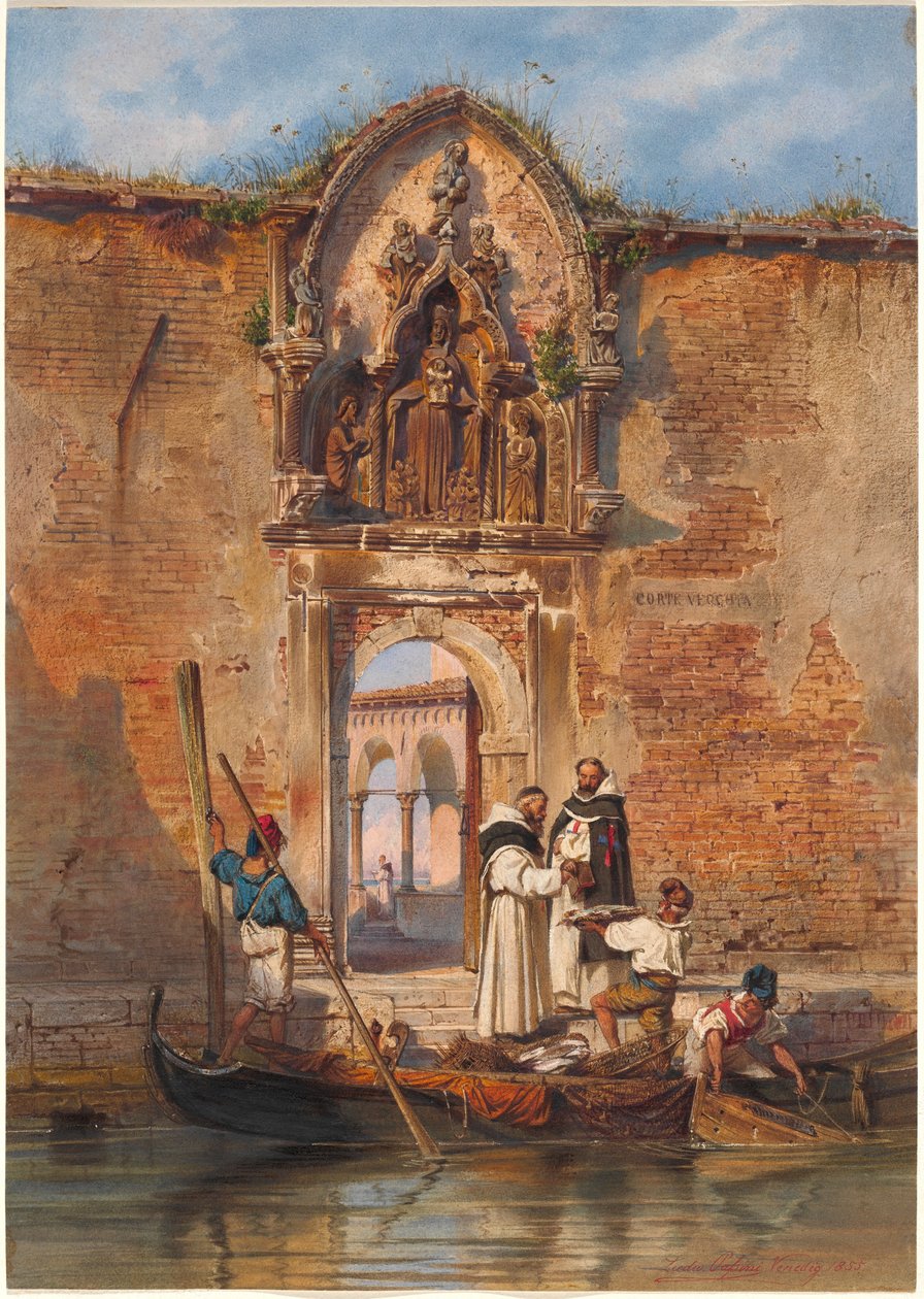 Mönche kaufen Fisch vor dem Portal der Madonna della Misericordia von Ludwig Johann Passini