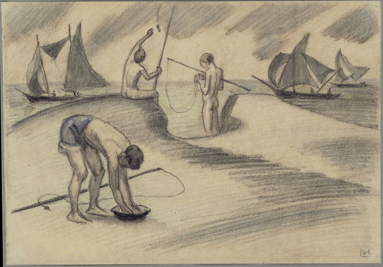 Drei angelnde Jungen am Meer mit Segelschiffen von Ludwig von Hofmann