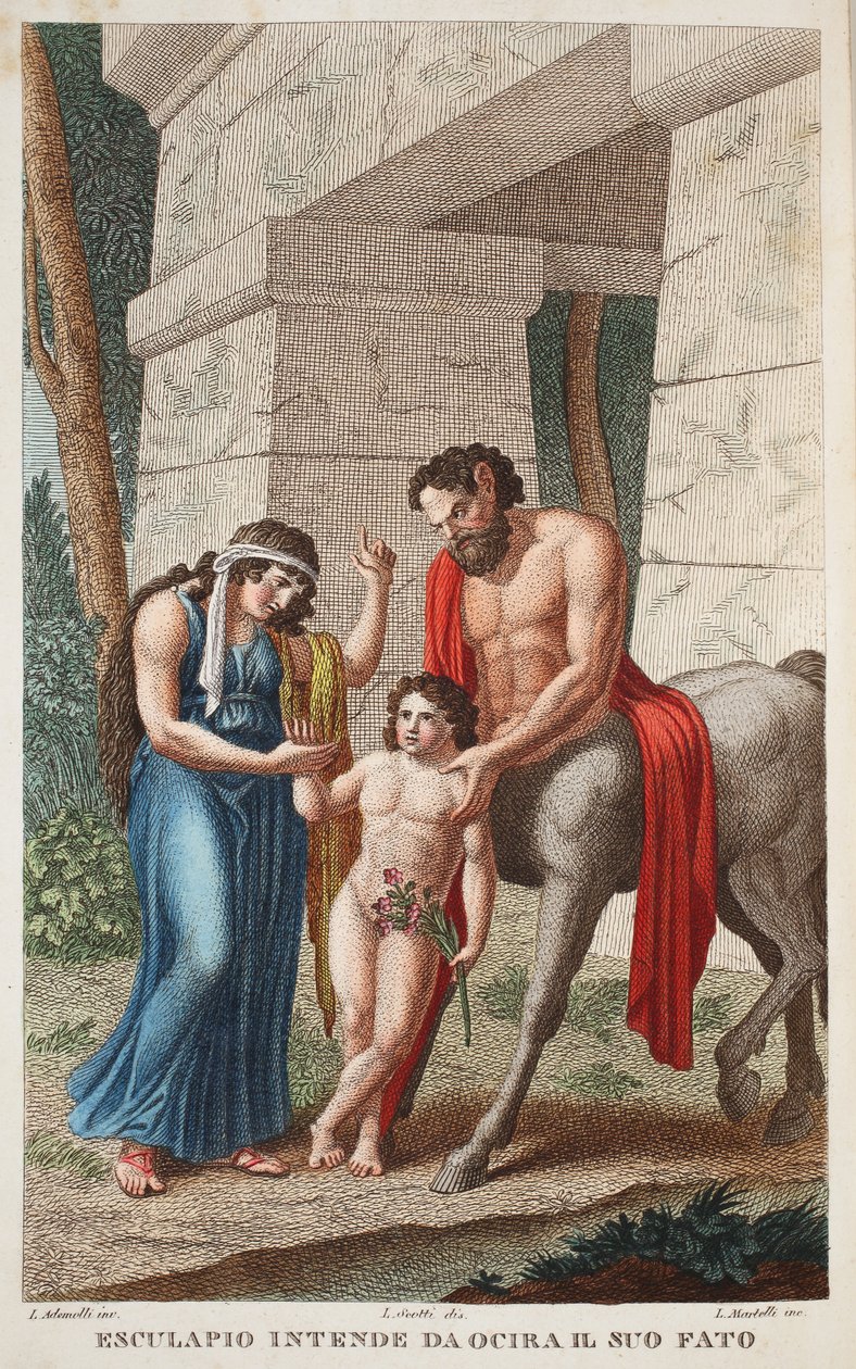 Ocyrrhoe in eine Stute oder Esculapio intende da Ocira il Suo Fato, Illustration aus Ovids Metamorphosen, Florenz, 1832 von Luigi Ademollo