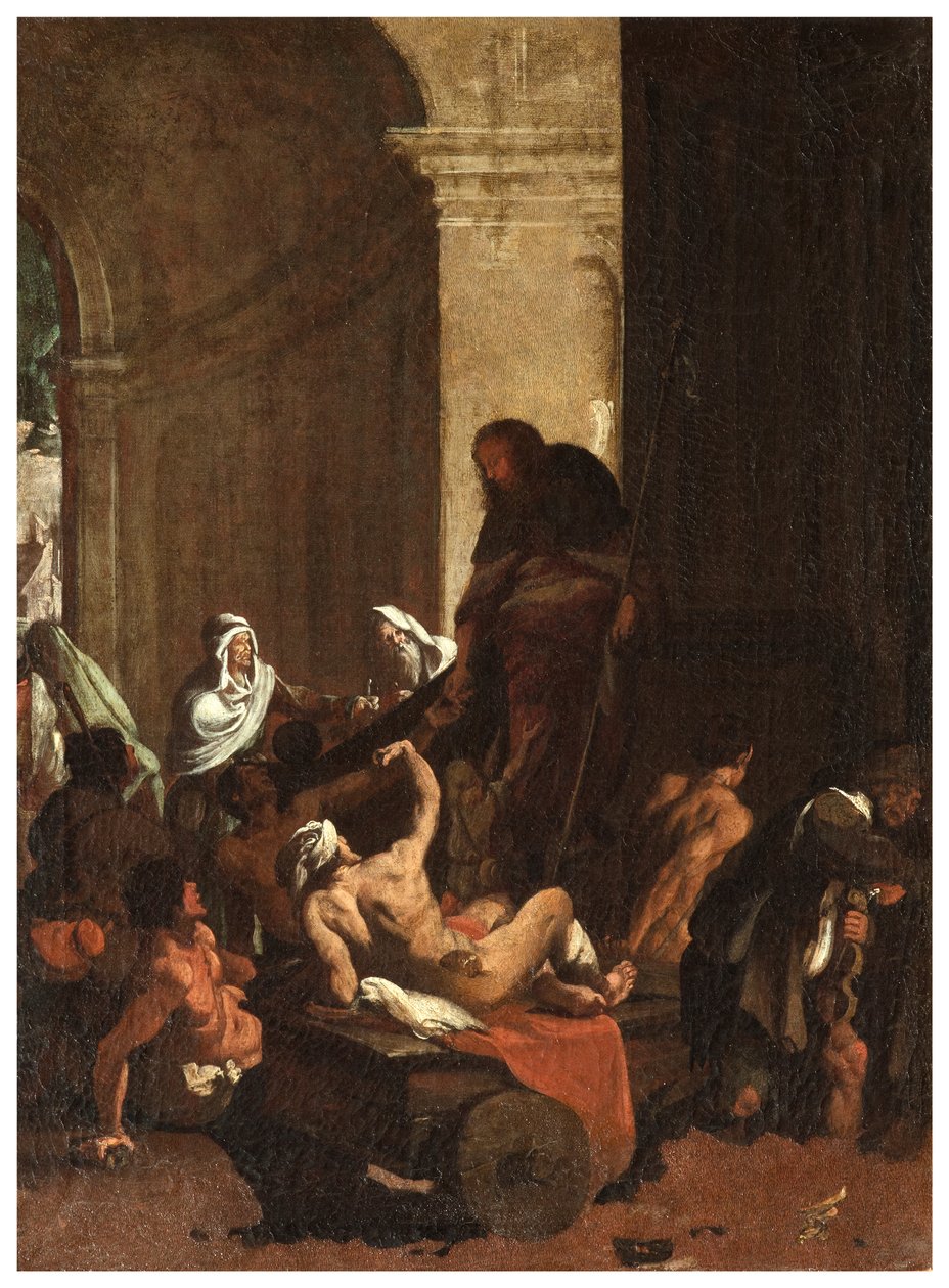 Nordquerhaus, Altar des San Rocco 1635, 45, Genovesino 1645, Verteilung von Gütern an die Armen, unten links gemalt von Luigi Miradori