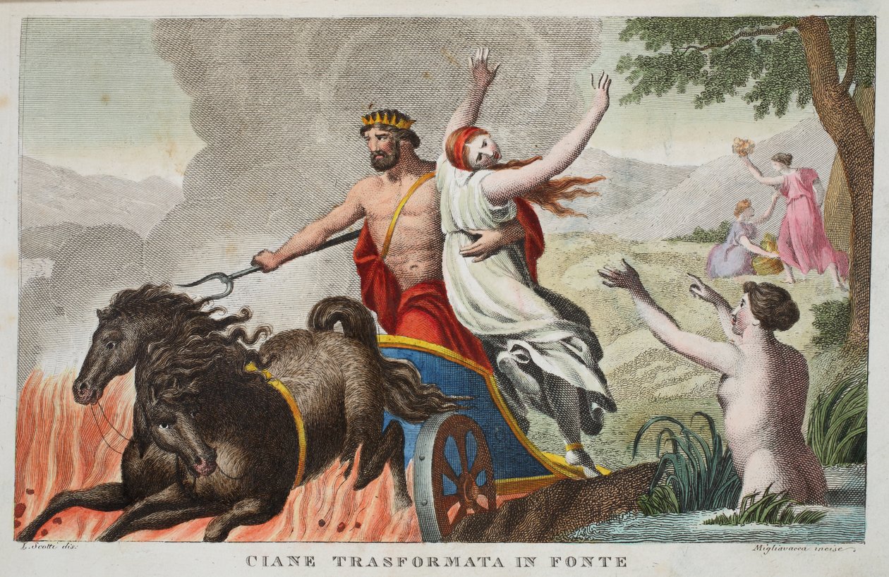 Cyane und die Entführung der Proserpina, Buch V, Illustration aus Ovids Metamorphosen, Florenz, 1832 von Luigi Ademollo