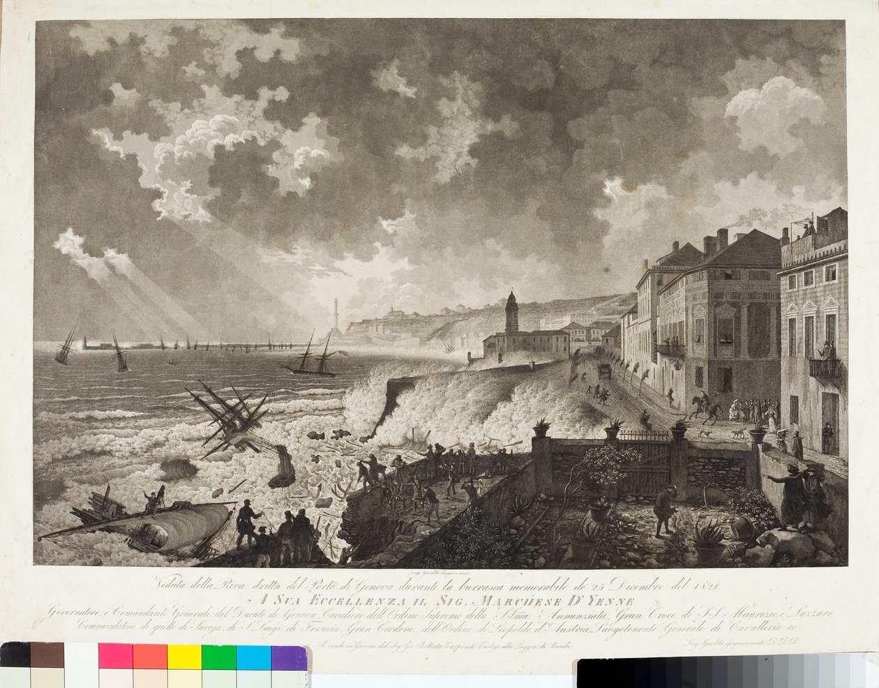 Ansicht des Hafens von Genua während des Sturms am 25.12.1821 (Stich, ca. 1821) von Luigi Garibbo