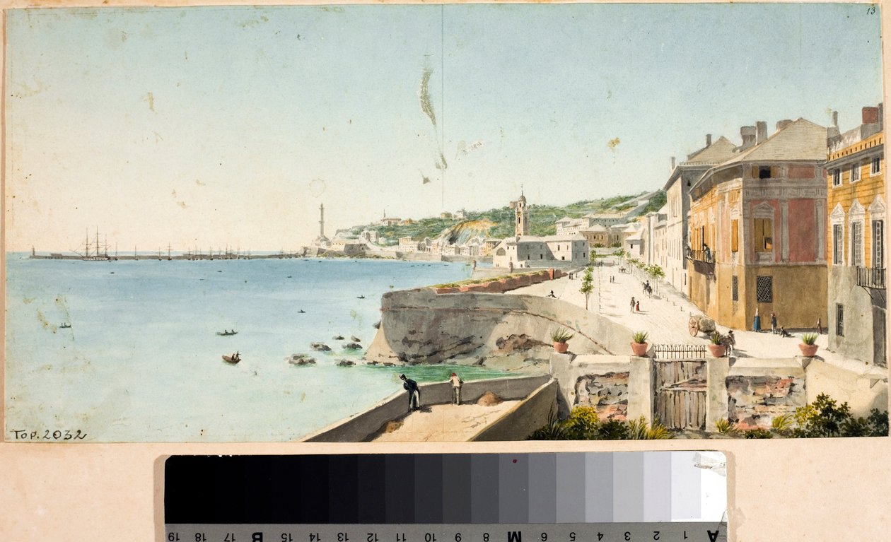 Ansicht des Hafens von Genua mit der Lanterna, dem Leuchtturm der Stadt, Bastionen und der Kirche San Teodoro von Luigi Garibbo