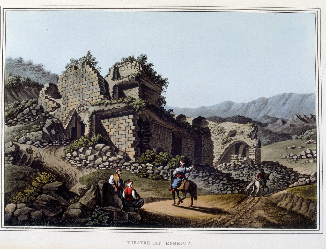 Theater in Ruinen in Ephesos, ehemals antike Stadt Griechenlands, heute in der Türkei. In „Ansichten in den osmanischen Herrschaftsgebieten, in Europa, in Asien und einigen Mittelmeerinseln“ aus den Originalzeichnungen von Luigi Mayer, London von Luigi Mayer