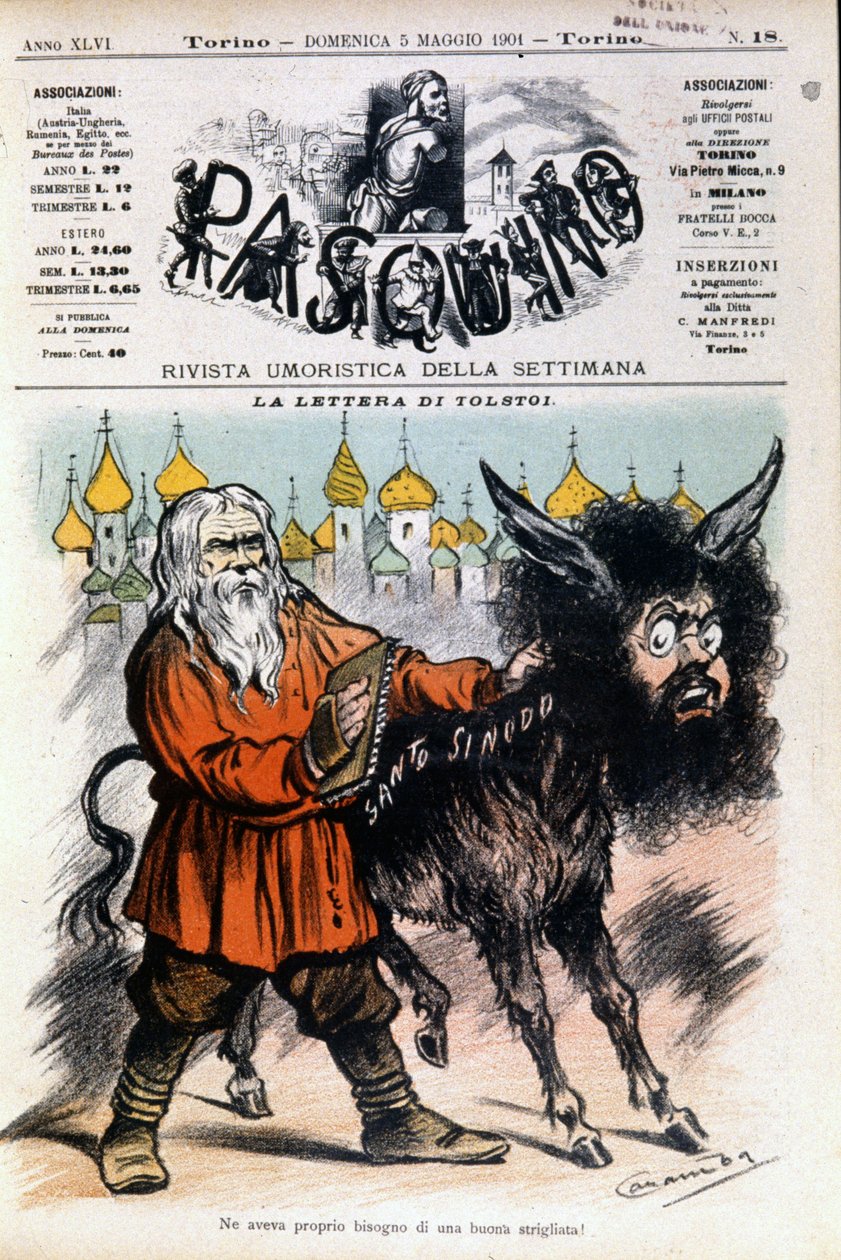 Karikatur über Tolstoi von Luigi Sapelli Caramba bezüglich des Briefes, den Tolstoi an den Heiligen Stuhl schickte. Titelblatt des Pasquino vom 5. Mai 1901 von Luigi Sapelli Caramba