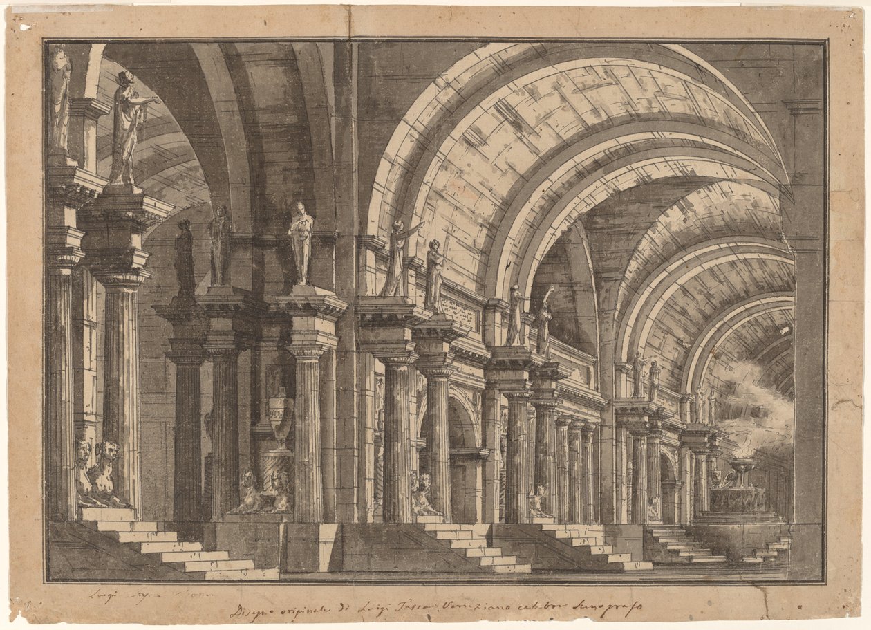 Eine monumentale gewölbte Halle mit einem rauchenden Altar von Luigi Tasca