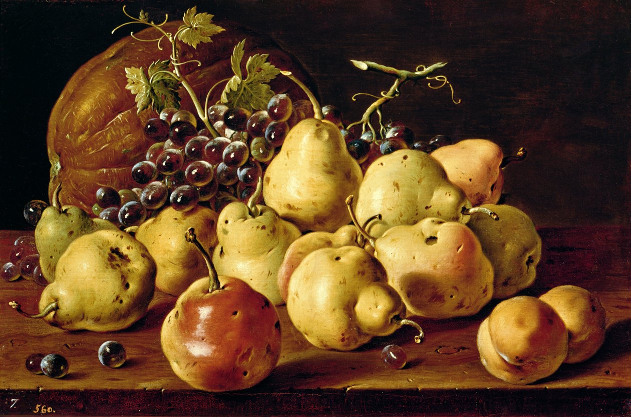 Stillleben mit Quitten, Pfirsichen, Trauben und Kürbis von Luis Egidio Melendez
