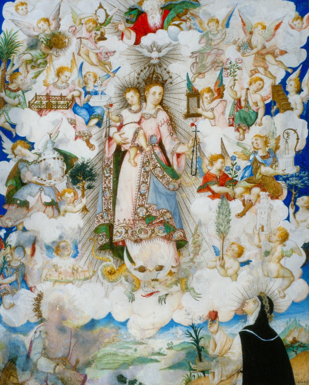 Die Jungfrau des Rosenkranzes mit der heiligen Katharina von Alexandria und der heiligen Katharina von Siena von Luis Lagarto