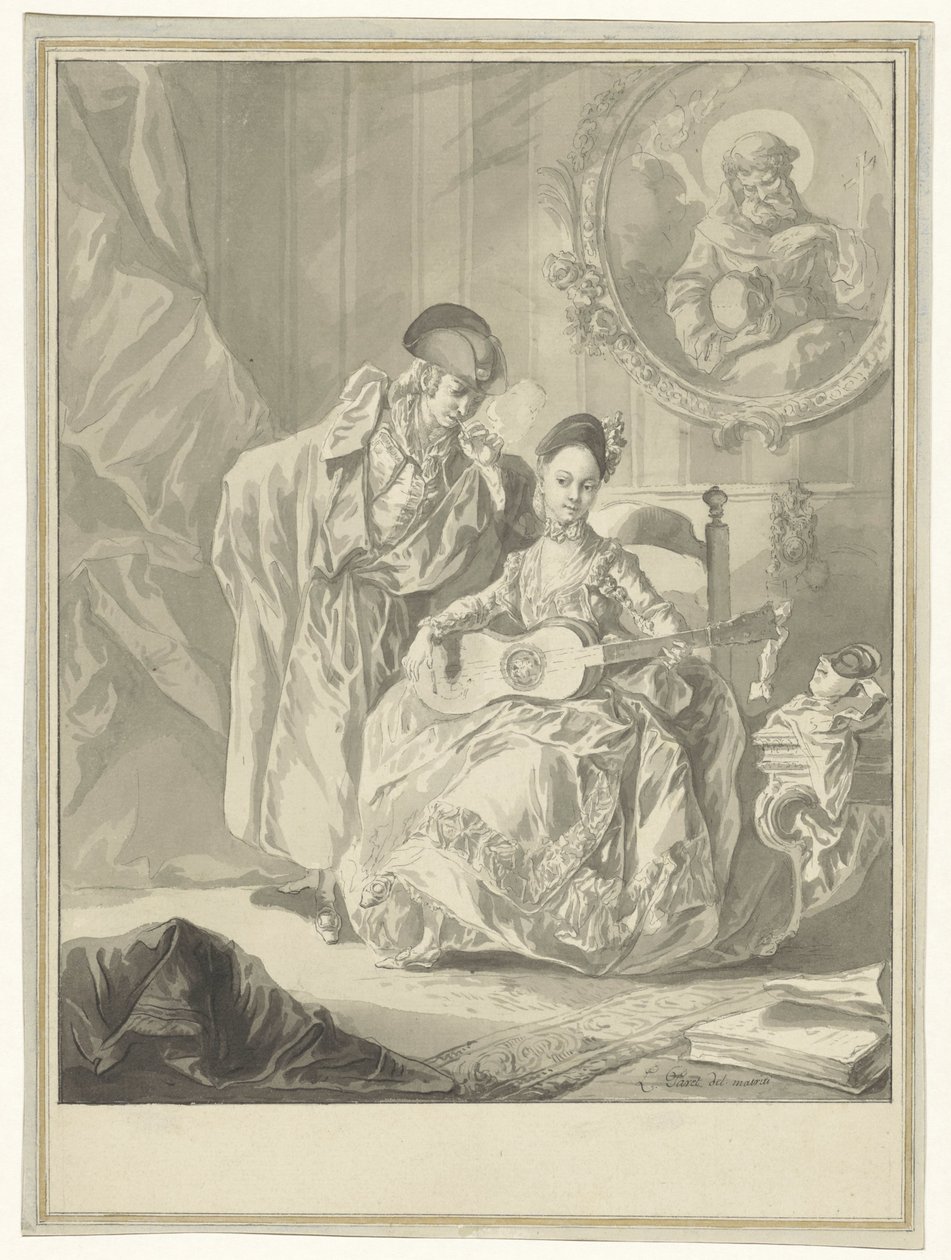 Sitzende Gitarrenspielerin und stehender rauchender Mann in einem Interieur von Luis Paret y Alcazar