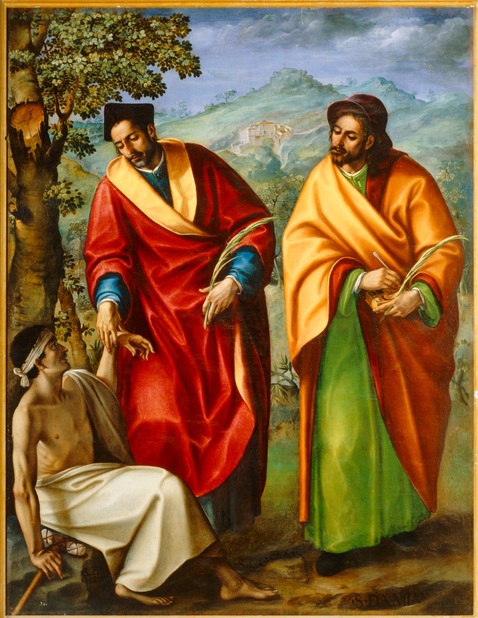 Die Heiligen Cosmas und Damian, Ärzte, heilen eine kranke Person von Luis de Carvajal