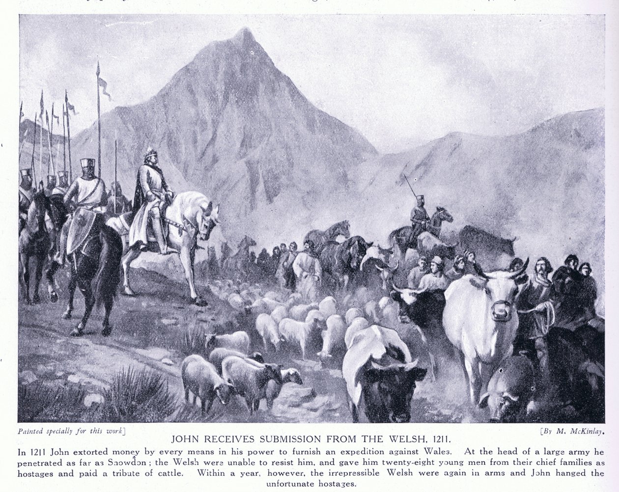 Johannes empfängt die Unterwerfung der Waliser AD 1211, 1920er Jahre von M. Mackinlay