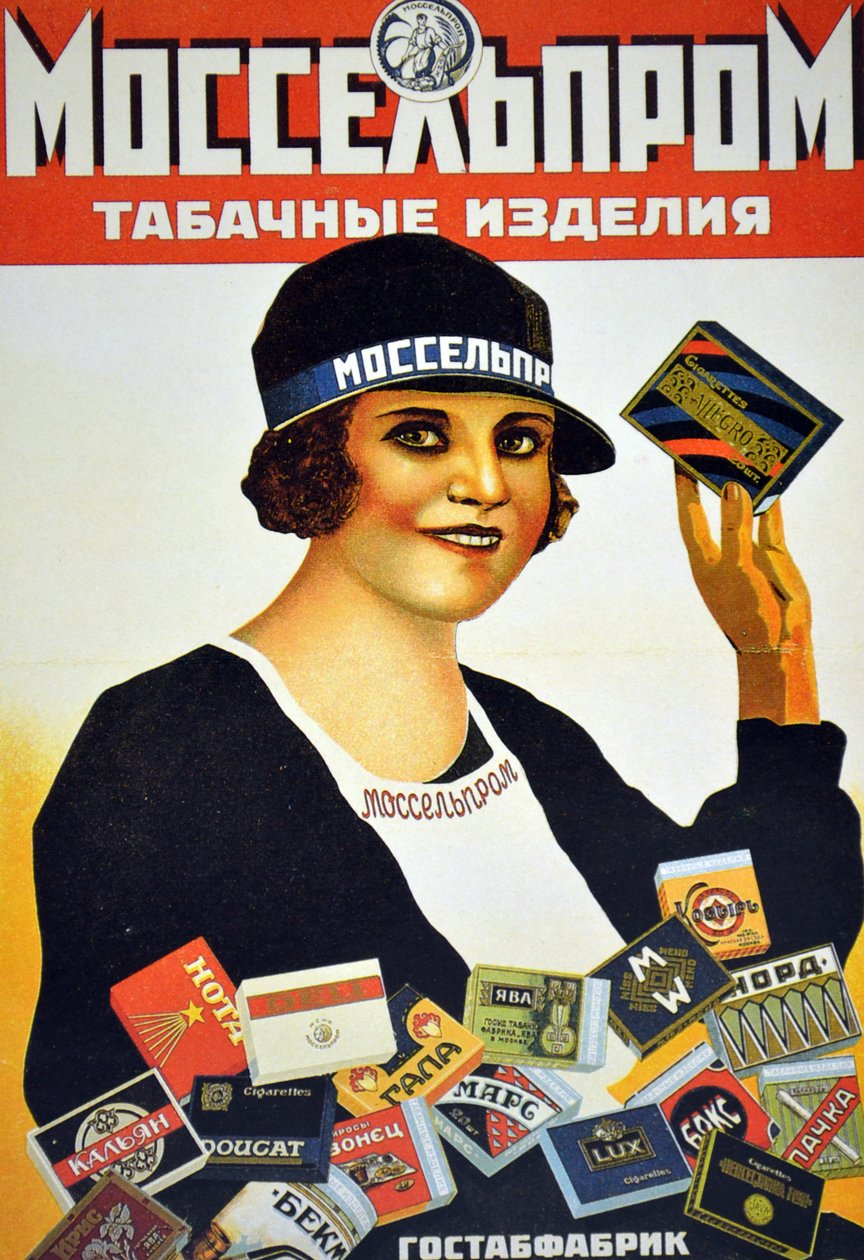 Plakat, das Mosselproms Tabakwaren bewirbt, zeigt den Star des Films Das Zigarettenmädchen von Mosselprom, 1927 von M. Bulanov