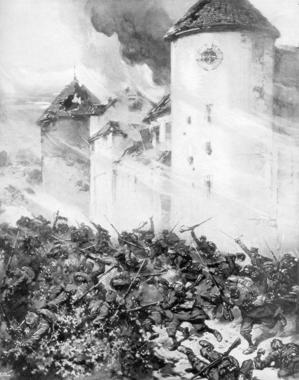 Franzosen und Deutsche kämpfen unter den Mauern des Château de Mondement, Frankreich, 1914 von M. H. W. Koekkok
